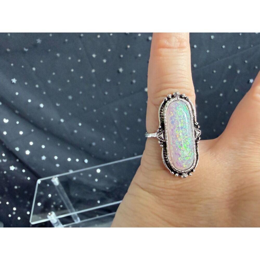 Oval Opal Look Ring Size 6.5, Silver Tone Iridescent Statement Ring